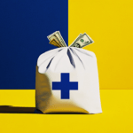 A white bag with a blue medical cross and cash sticking out sits on a yellow surface.