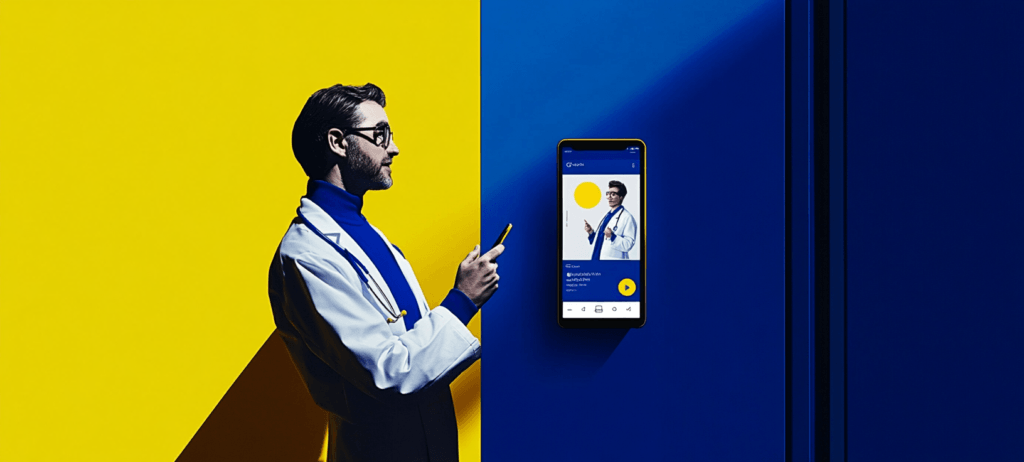 A doctor in a white coat uses a phone, standing by a yellow and blue split wall with a large phone screen displayed.