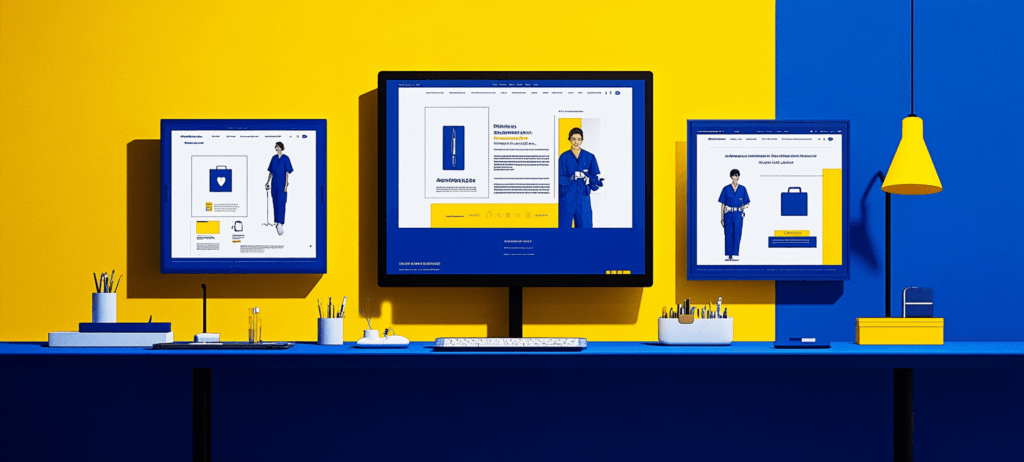 Healthcare websites on blue & yellow desk