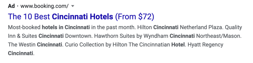 Hotels in Cincinnati PPC ad