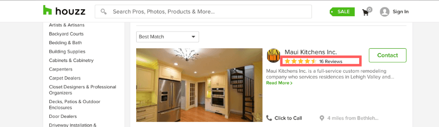 A screenshot of reviews on Houzz