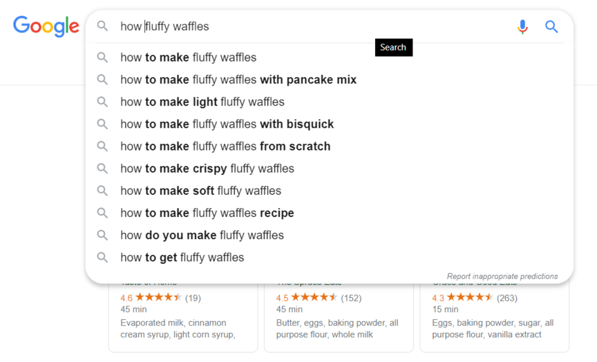 Fluffy waffles keyword search results in Google