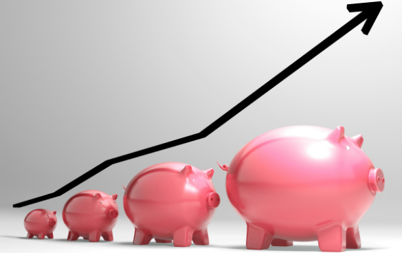 Four increasing size piggy banks aligned from left to right, following an upward trend line, symbolizing financial growth.