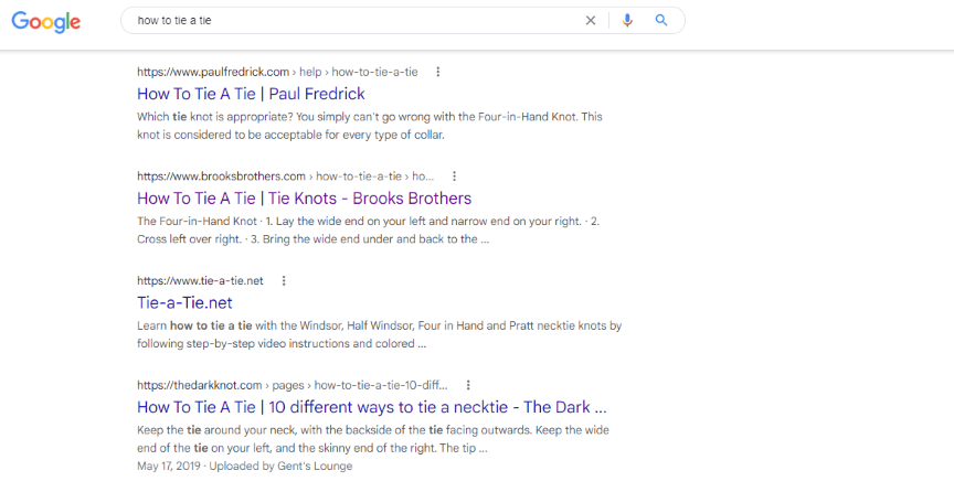 screenshot of the SERP of the search term “how to tie a tie”