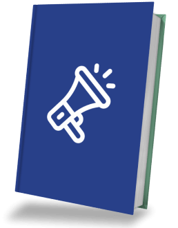 Illustration of a blue book with a white megaphone icon on the cover.