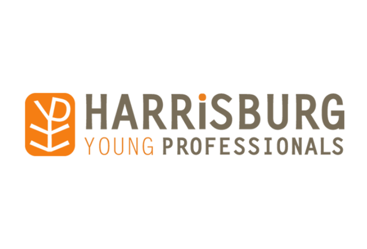 Logo of Harrisburg Young Professionals featuring an abstract orange 'Y' or plant-like icon next to the organization's name in orange and gray.