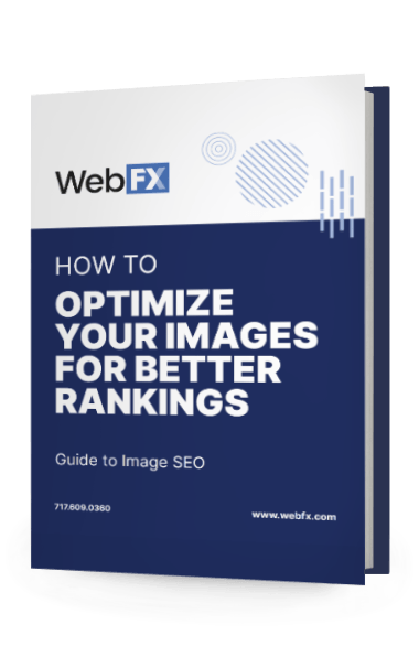 A digital rendering of a brochure titled 'How to Optimize Your Images for Better Rankings' by WebFX, featuring a guide to Image SEO and contact information.