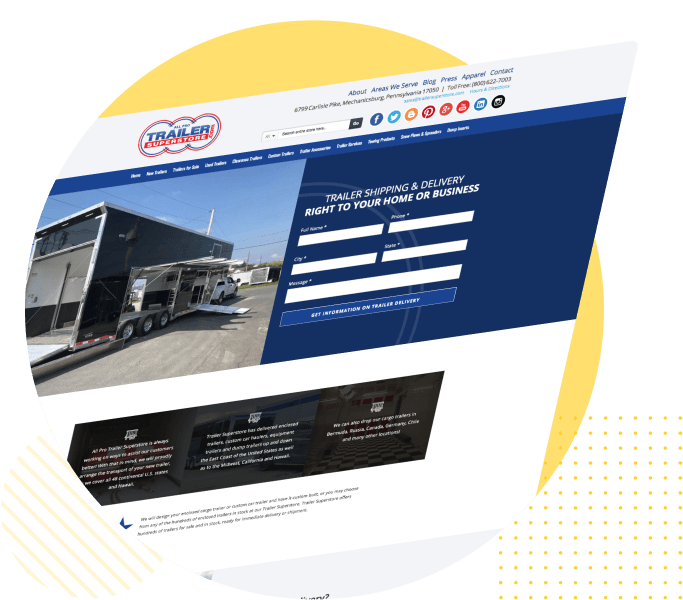 Screenshot of a trailer sales company's website featuring a navigation bar, a shipping and delivery information form, and sections detailing company services.