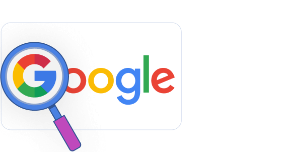 Google logo with a magnifying glass positioned over it, suggesting a search function.