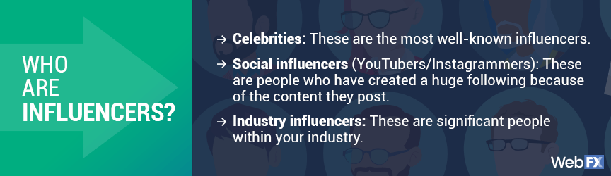 Influencers include celebrities, social influencers, and industry influencers