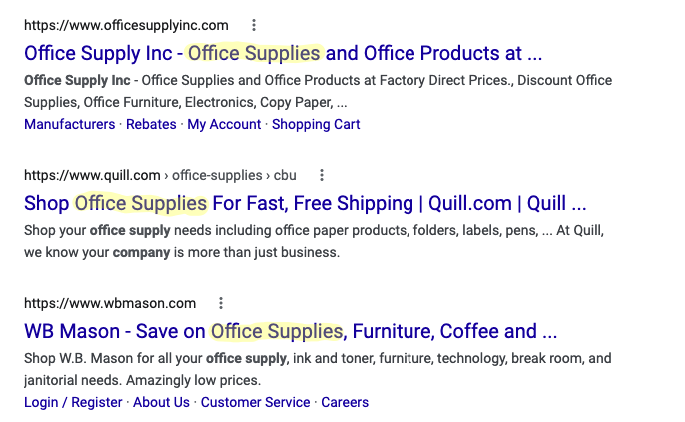 Office supplies search keyword rankings