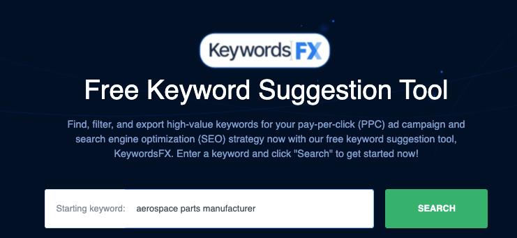 screenshot of keywordfx search bar