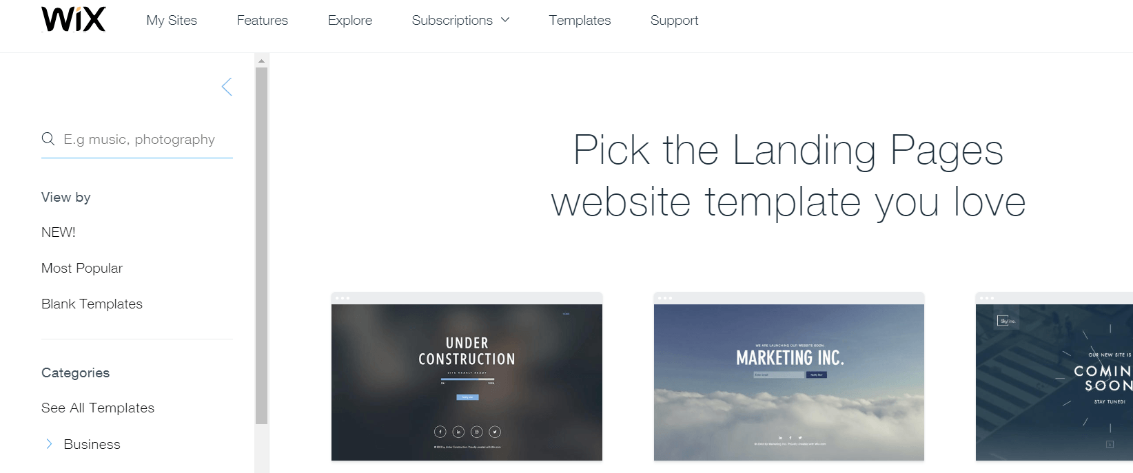 landing page on wix