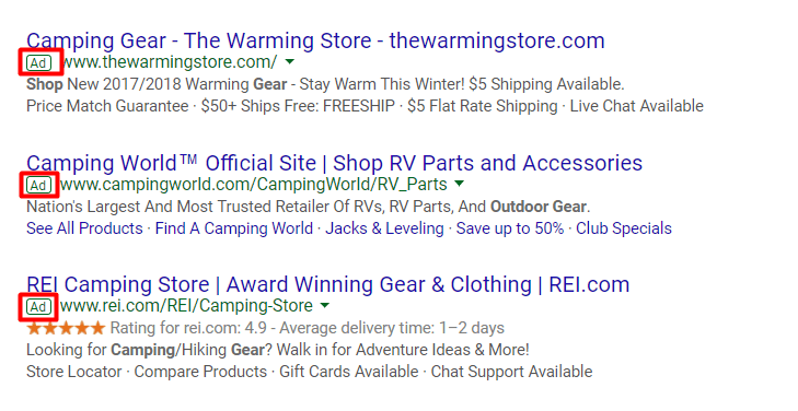 Example outdoor products PPC ad