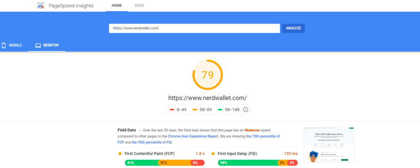 Speed test results for lead generation website