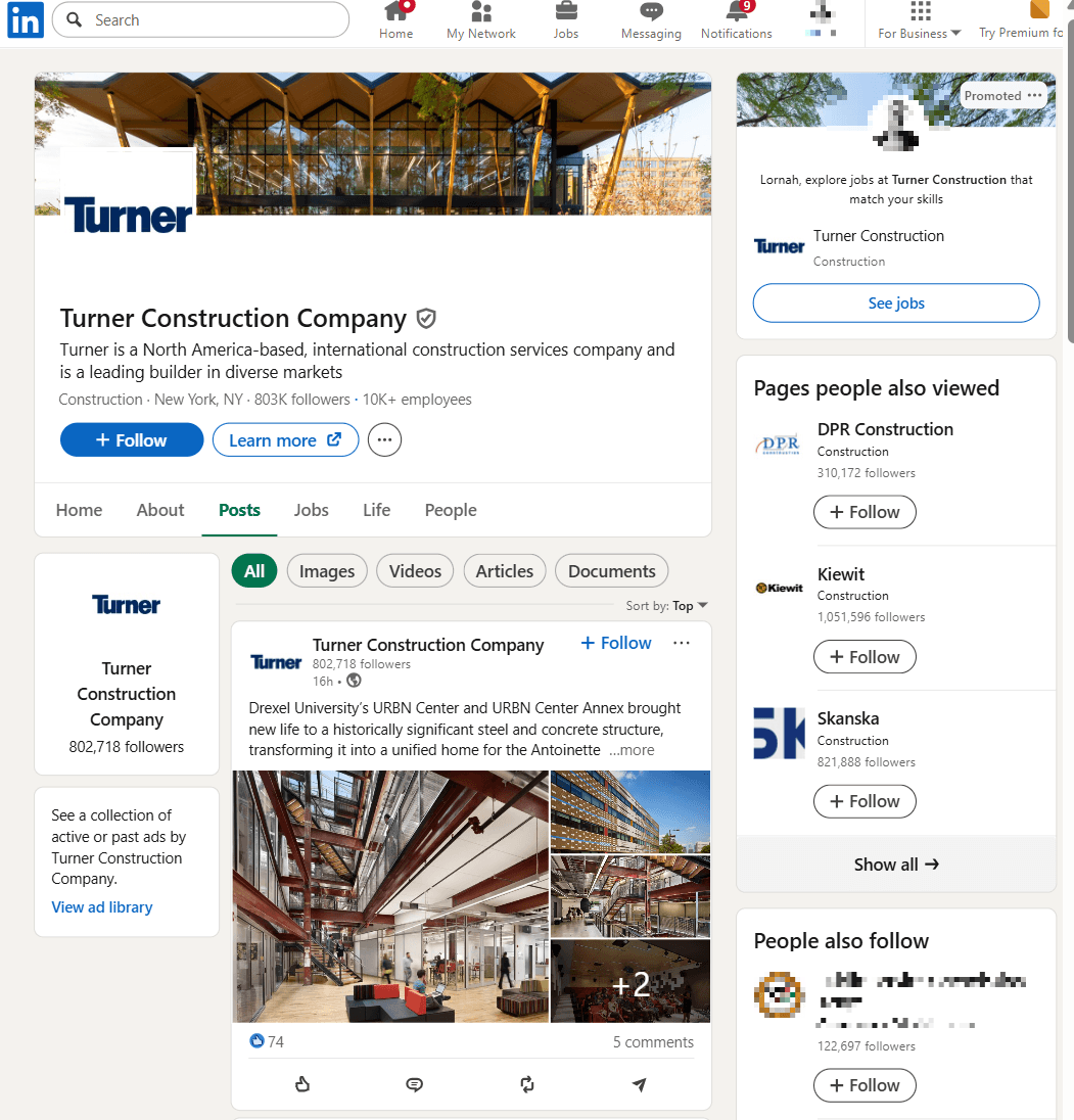 LinkedIn company page for Turner Construction showing project updates, commercial construction photos, and company overview.