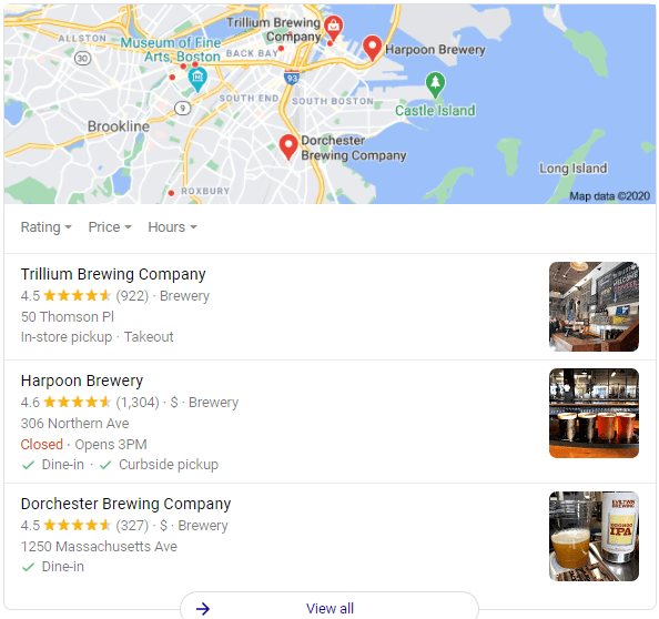 Local brewery google my business results