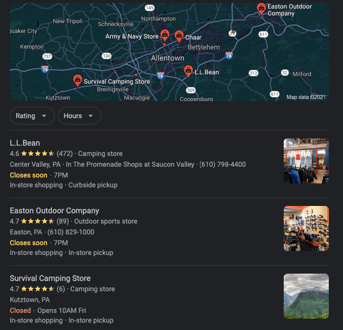 local search listings camping