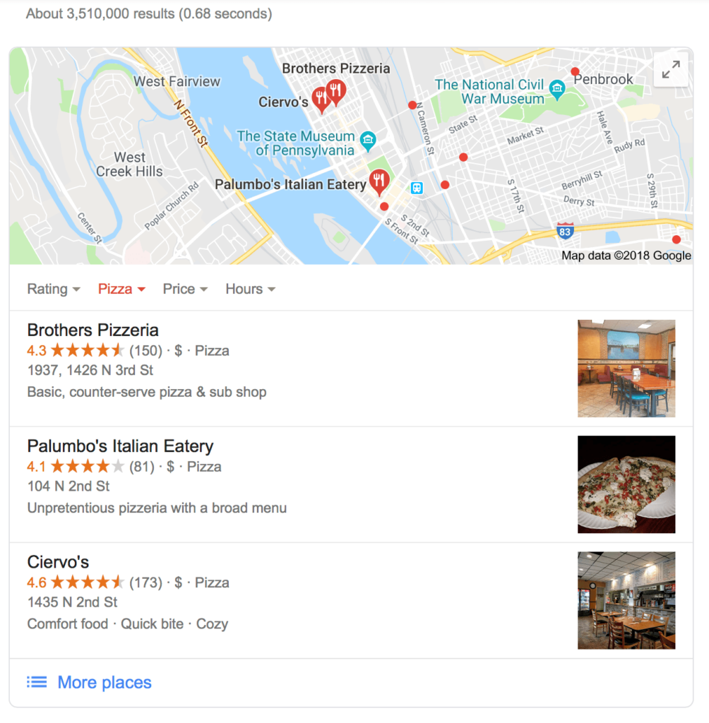 google three pack display in search results