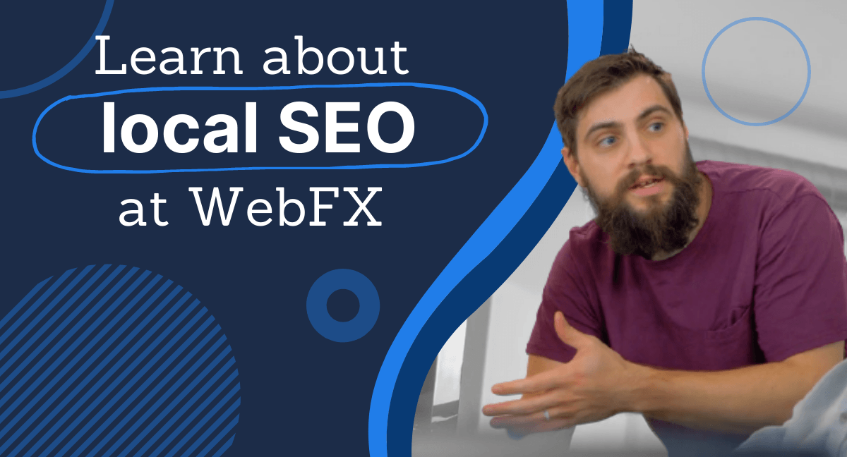 Man in purple shirt gesturing as if explaining something with a graphic background promoting local SEO at WebFX.