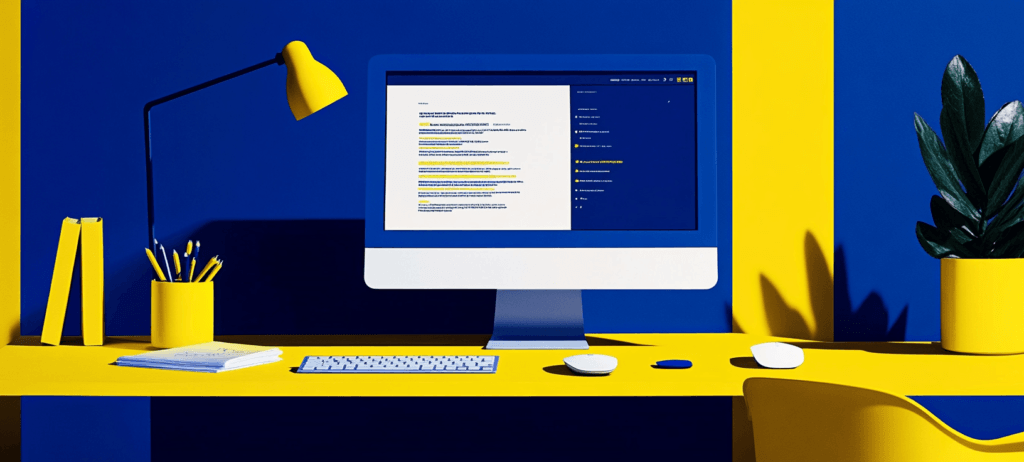 Blue and yellow desk setup with computer