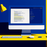 Blue and yellow desk setup with computer