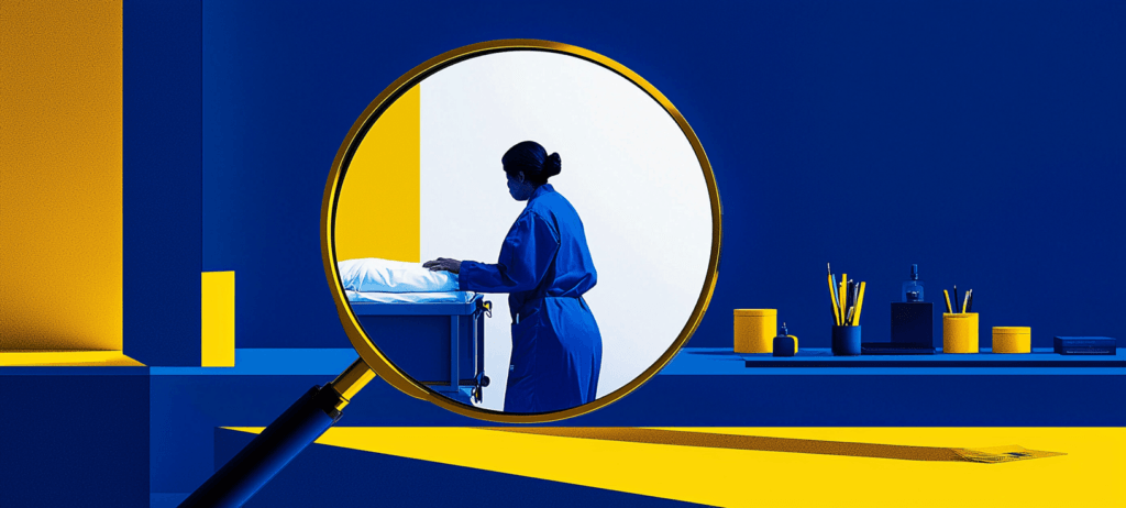 Magnifying glass on woman in blue robe