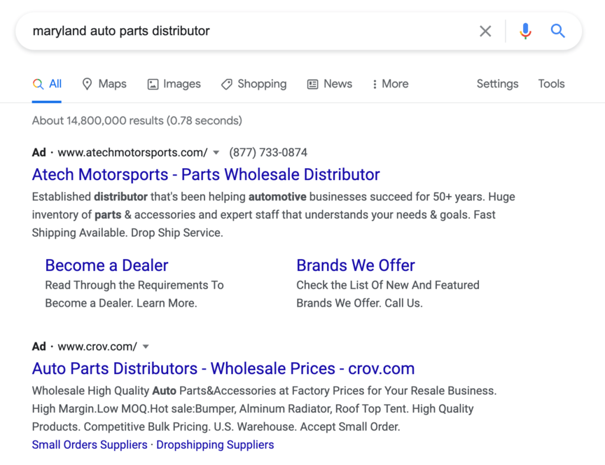 maryland auto parts distributor ppc ads