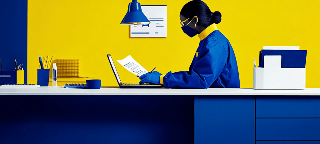Healthcare worker at desk in blue and yellow setting