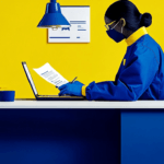 Healthcare worker at desk in blue and yellow setting