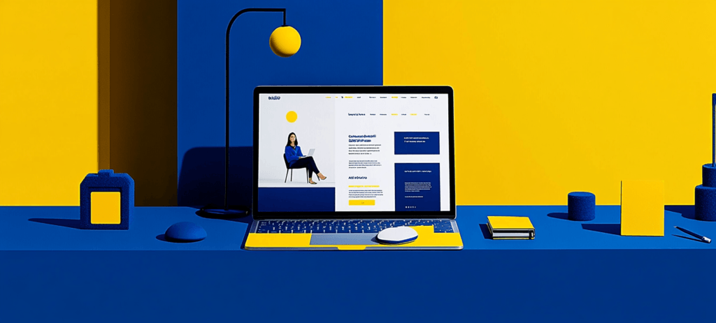 Laptop on a blue and yellow desk with geometric decor.