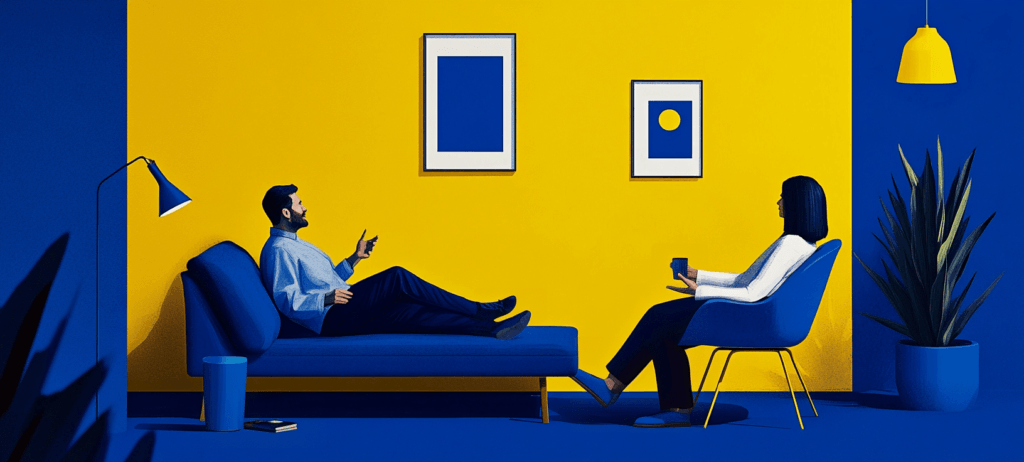 Therapy session in blue and yellow room