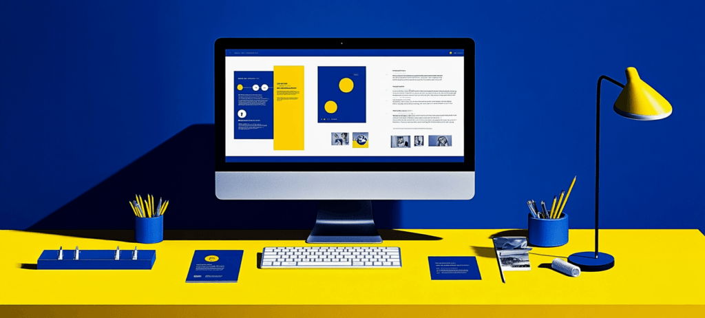 Blue and yellow desk with desktop computer