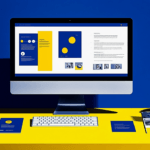 Blue and yellow desk with desktop computer