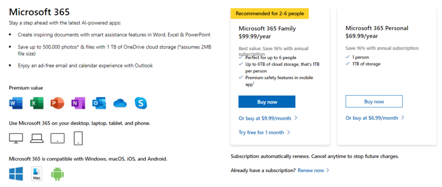 Microsoft 365 product subscription page for their family plan and personal plan.