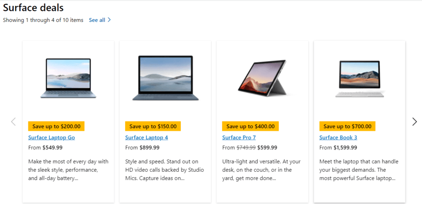 Surface deals for the Surface Laptop Go, Surface Laptop 4, Surface Pro 7, and Surface Book 3.