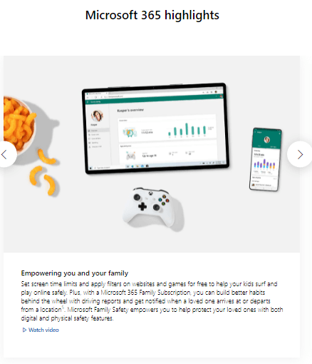 Microsoft 265 highlights page. Empowering you and your family.