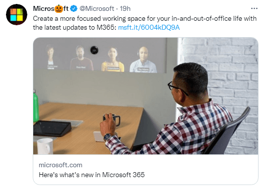 Microsoft promotion on Twitter for updates to Microsoft 365.