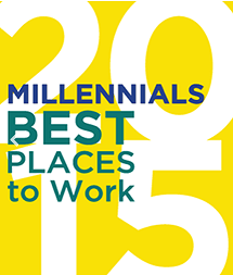 Graphic with text '2025 Millennials BEST PLACES to Work' with the numbers '2025' in a large yellow font, partially overlapping each other, and the rest of the text in blue and white.