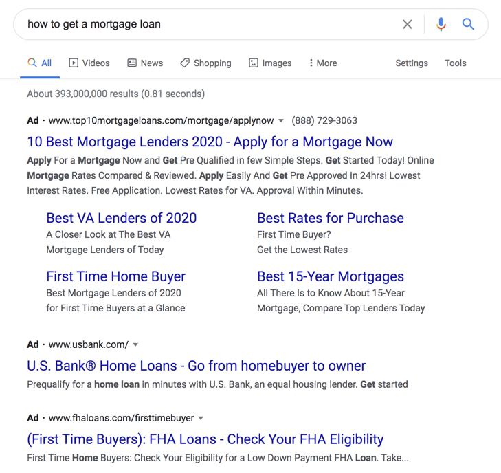 Mortgage loan PPC search ad results