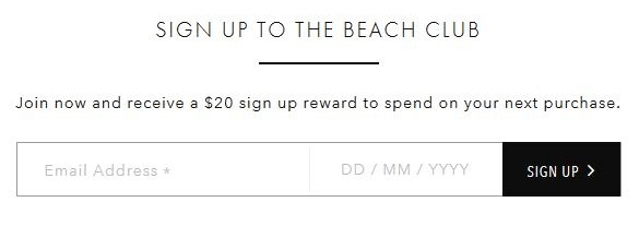 Sign Up Pop Up indicating if you sign up you'll receive a $20 reward off your next purchase.