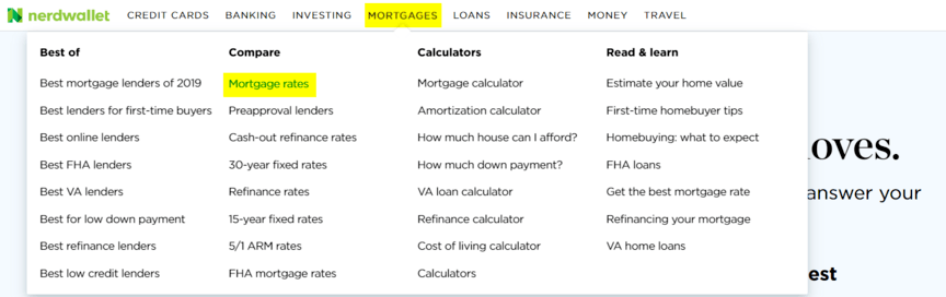 Expanded navigation on NerdWallet website