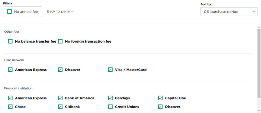 Offer filters on NerdWallet website