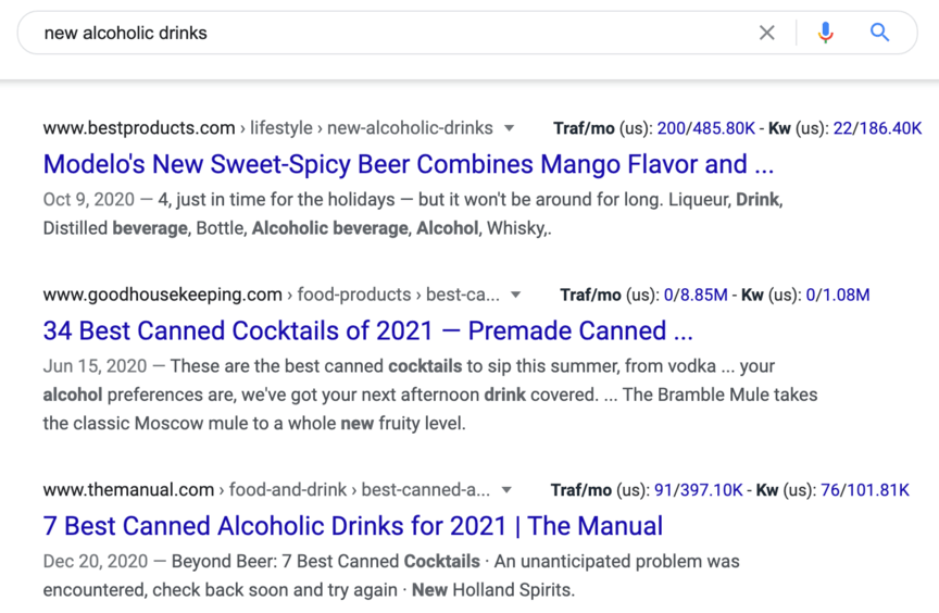 Google search results for alcoholic drinks