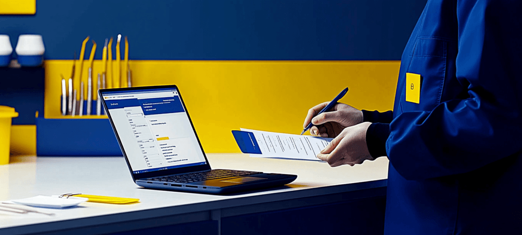 Technician filling out paperwork next to a laptop