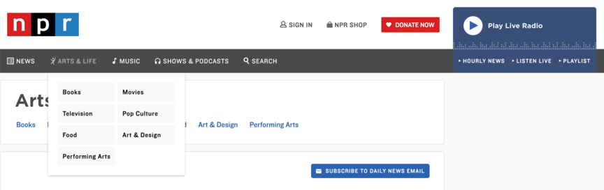 npr website navigation bar