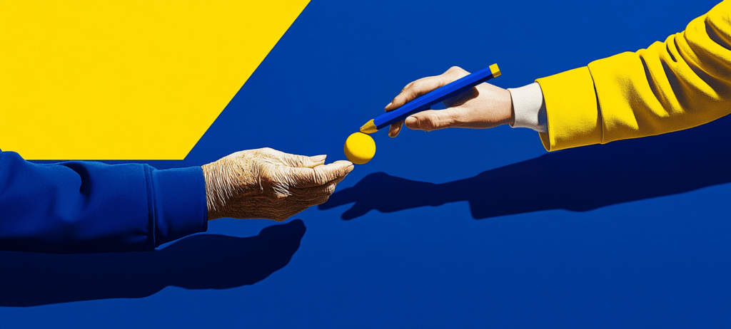 Two hands: one holds a yellow ball, the other a blue pencil.