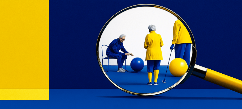 Magnifying glass focusing on three seniors with exercise balls.
