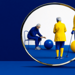 Magnifying glass focusing on three seniors with exercise balls.