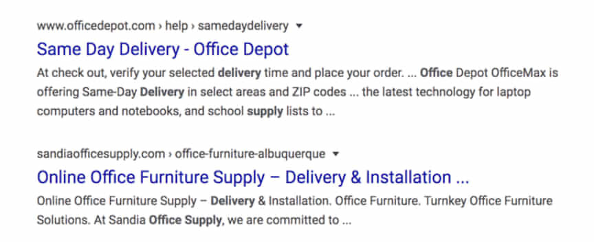 organic search results for office supply dleivery